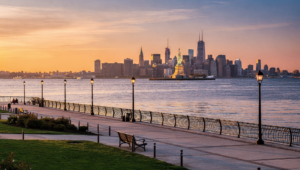 Liberty State Park waterfront with Manhattan skyline and Statue of Liberty