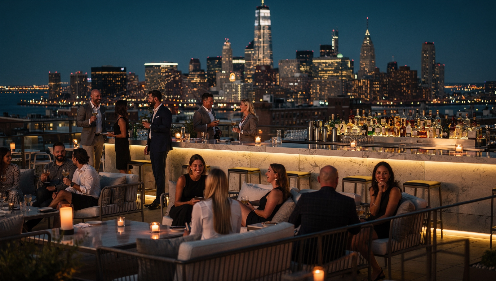 Jersey City waterfront with Manhattan skyline at sunset